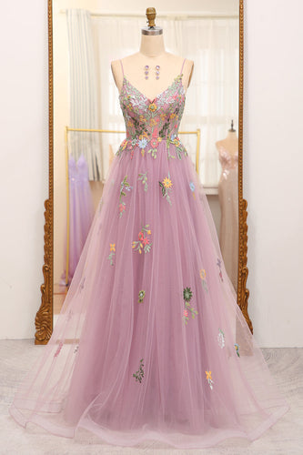 Mauve A Line Tulle Beaded Appliques Long Formal Dress With Front Slit