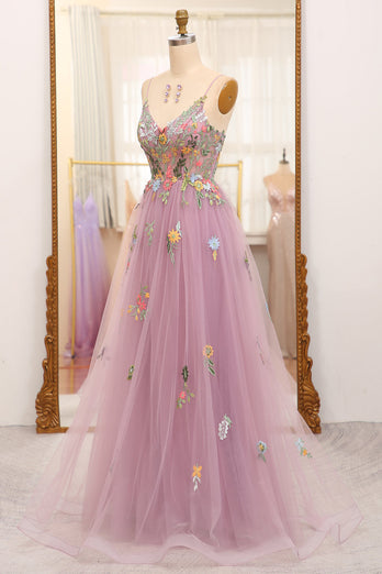 Mauve A Line Tulle Beaded Appliques Long Formal Dress With Front Slit