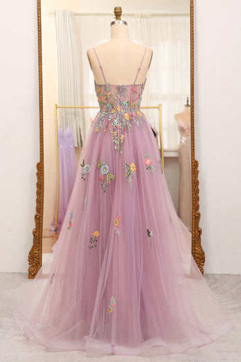 Mauve A Line Tulle Beaded Appliques Long Formal Dress With Front Slit