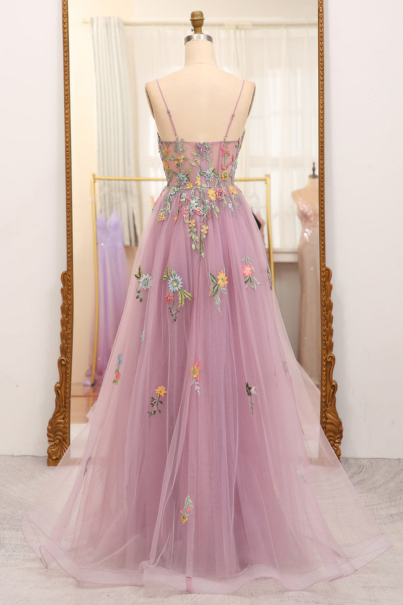 Load image into Gallery viewer, Mauve A Line Tulle Beaded Appliques Long Formal Dress With Front Slit