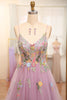 Load image into Gallery viewer, Mauve A Line Tulle Beaded Appliques Long Formal Dress With Front Slit