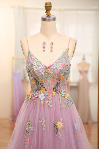 Mauve A Line Tulle Beaded Appliques Long Formal Dress With Front Slit