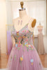 Load image into Gallery viewer, Mauve A Line Tulle Beaded Appliques Long Formal Dress With Front Slit