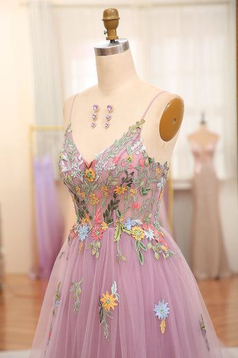 Mauve A Line Tulle Beaded Appliques Long Formal Dress With Front Slit