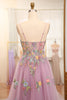 Load image into Gallery viewer, Mauve A Line Tulle Beaded Appliques Long Formal Dress With Front Slit