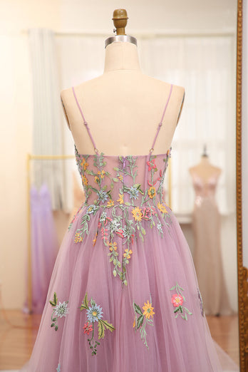 Mauve A Line Tulle Beaded Appliques Long Formal Dress With Front Slit