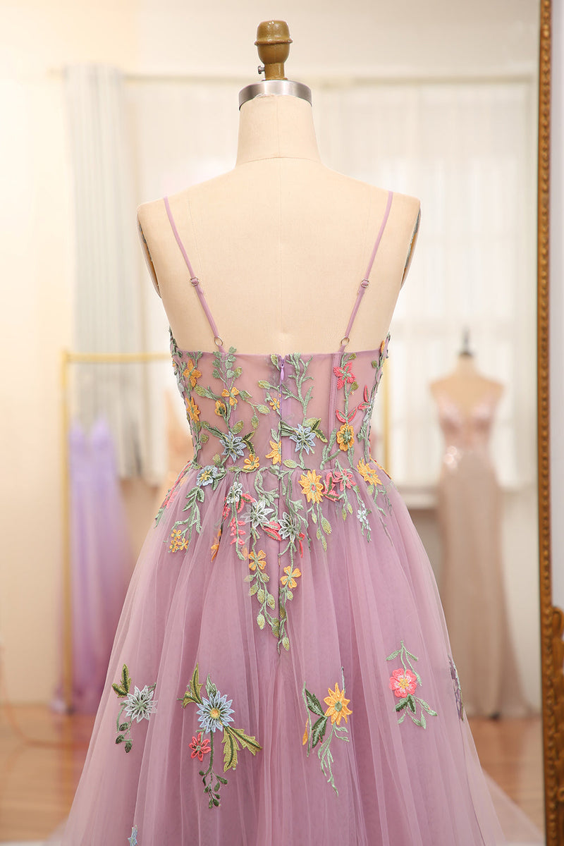 Load image into Gallery viewer, Mauve A Line Tulle Beaded Appliques Long Formal Dress With Front Slit