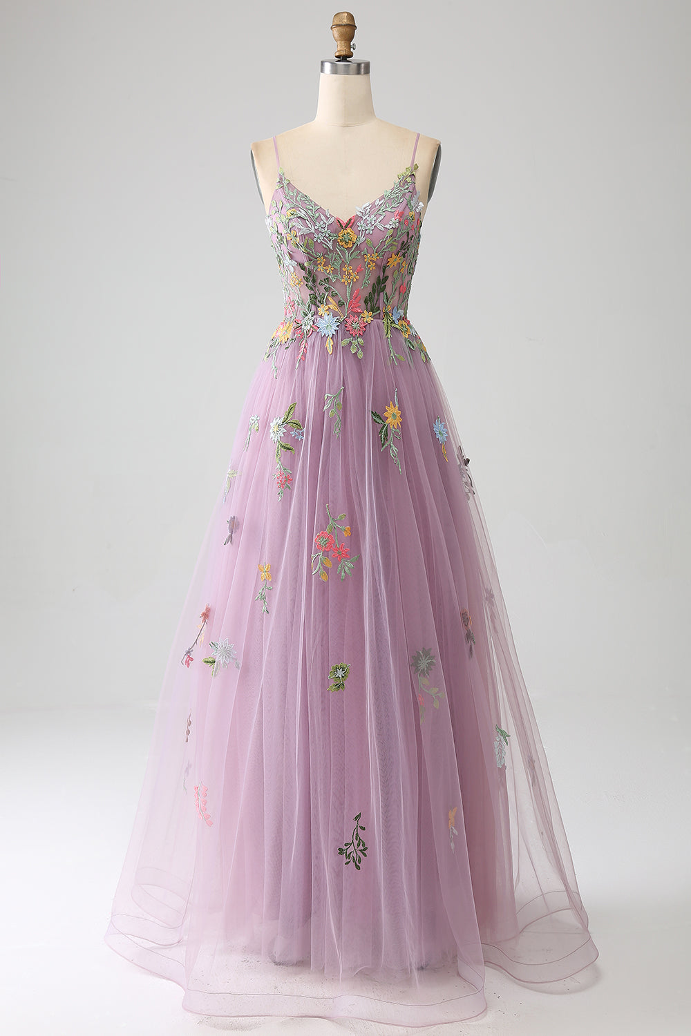 Mauve A-Line Spaghetti Straps Tulle Long Formal Dress With Embroidery