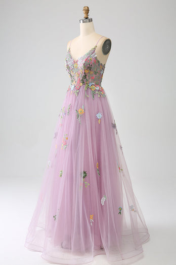 Mauve A-Line Spaghetti Straps Tulle Long Formal Dress With Embroidery