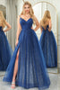 Load image into Gallery viewer, Sparkly Navy Beaded A Line Long Formal Dress With Slit