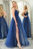 Load image into Gallery viewer, Sparkly Navy Beaded A Line Long Formal Dress With Slit