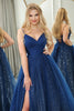 Load image into Gallery viewer, Sparkly Navy Beaded A Line Long Formal Dress With Slit