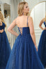 Load image into Gallery viewer, Sparkly Navy Beaded A Line Long Formal Dress With Slit