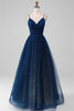 Load image into Gallery viewer, Navy Ball-Gown V-Neck Long Beaded Tulle Formal Dresses With Pleated