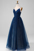 Load image into Gallery viewer, Navy Ball-Gown V-Neck Long Beaded Tulle Formal Dresses With Pleated