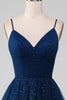 Load image into Gallery viewer, Navy Ball-Gown V-Neck Long Beaded Tulle Formal Dresses With Pleated