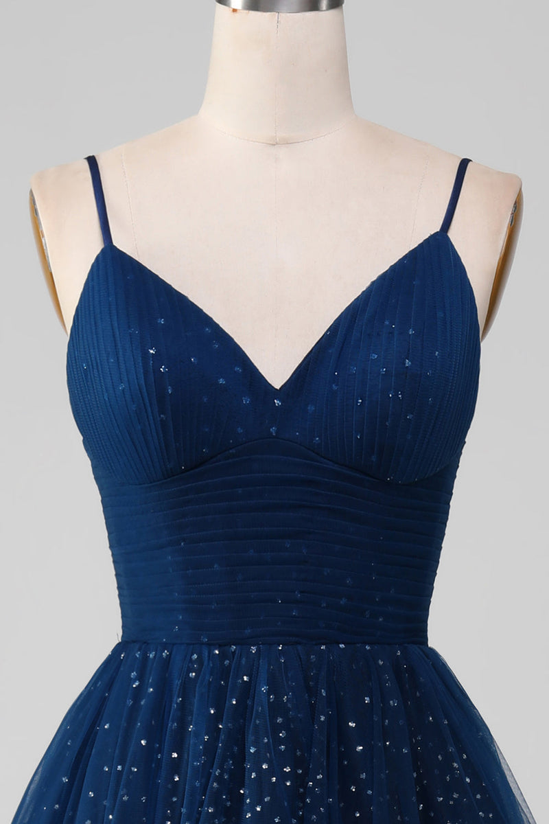 Load image into Gallery viewer, Navy Ball-Gown V-Neck Long Beaded Tulle Formal Dresses With Pleated