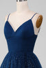 Load image into Gallery viewer, Navy Ball-Gown V-Neck Long Beaded Tulle Formal Dresses With Pleated