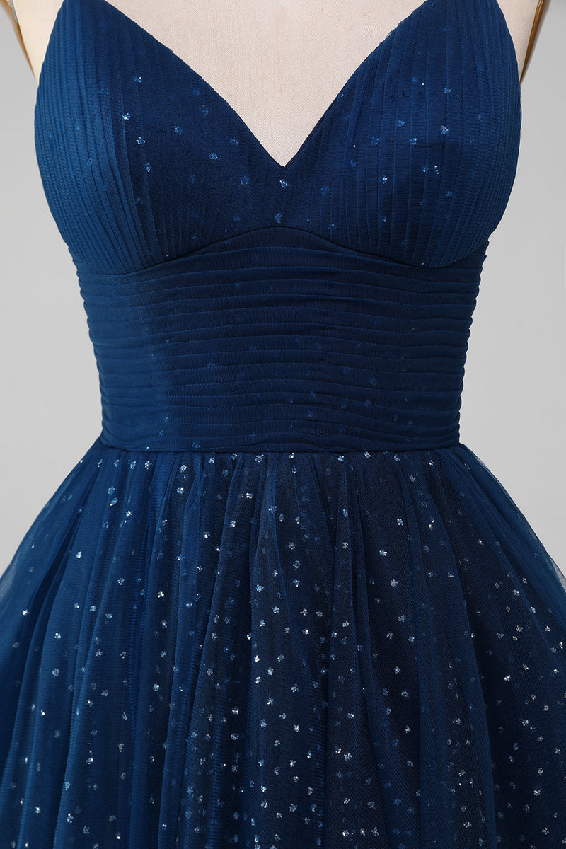 Load image into Gallery viewer, Navy Ball-Gown V-Neck Long Beaded Tulle Formal Dresses With Pleated