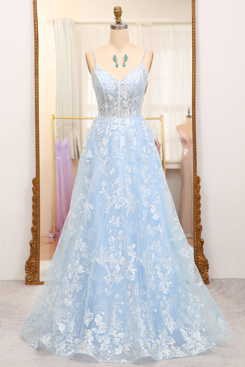 Load image into Gallery viewer, Sky Blue A Line Tulle Long Corset Formal Dress With Appliques