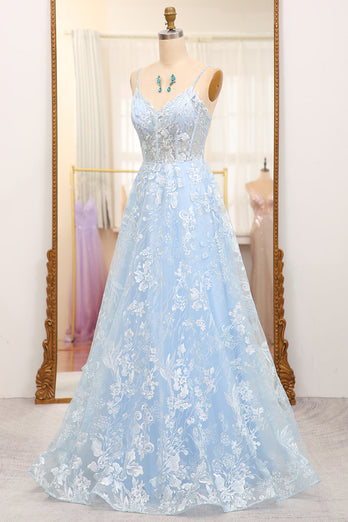 Sky Blue A Line Tulle Long Corset Formal Dress With Appliques