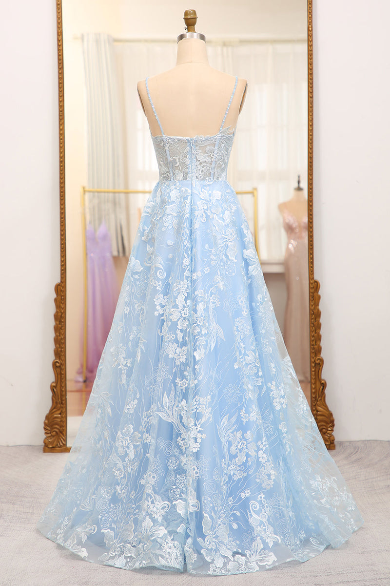 Load image into Gallery viewer, Sky Blue A Line Tulle Long Corset Formal Dress With Appliques