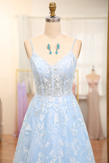 Sky Blue A Line Tulle Long Corset Formal Dress With Appliques