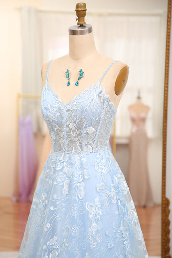 Sky Blue A Line Tulle Long Corset Formal Dress With Appliques