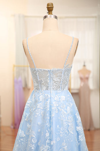 Sky Blue A Line Tulle Long Corset Formal Dress With Appliques