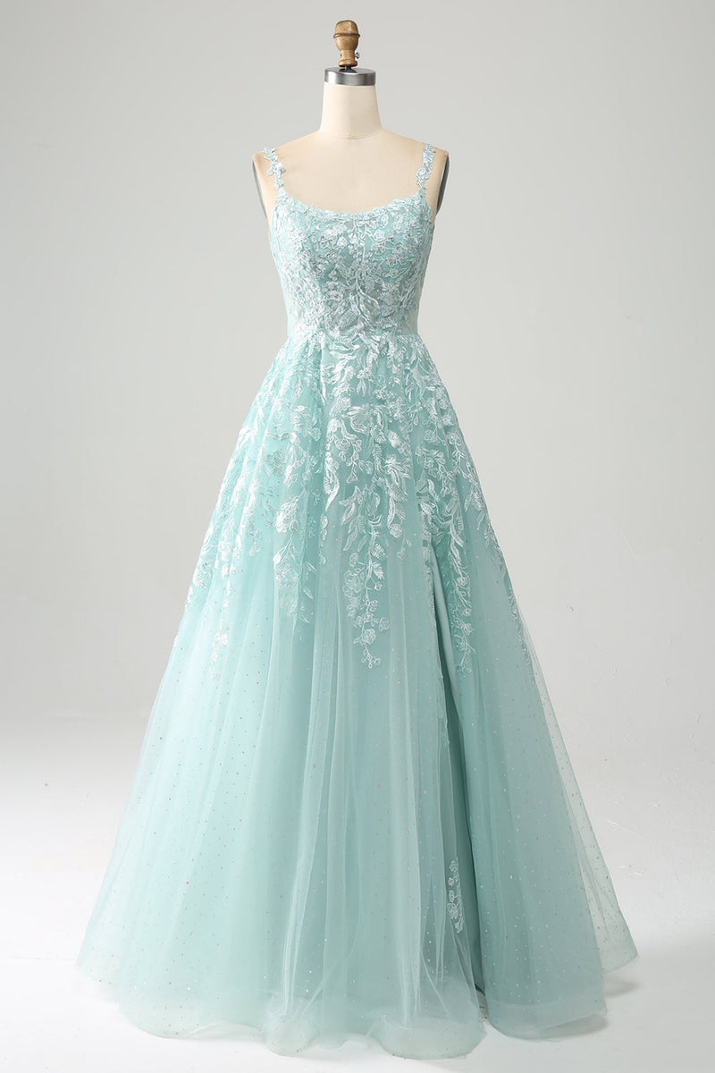 Load image into Gallery viewer, Glitter Mint A-Line Tulle Long Formal Dress with Lace