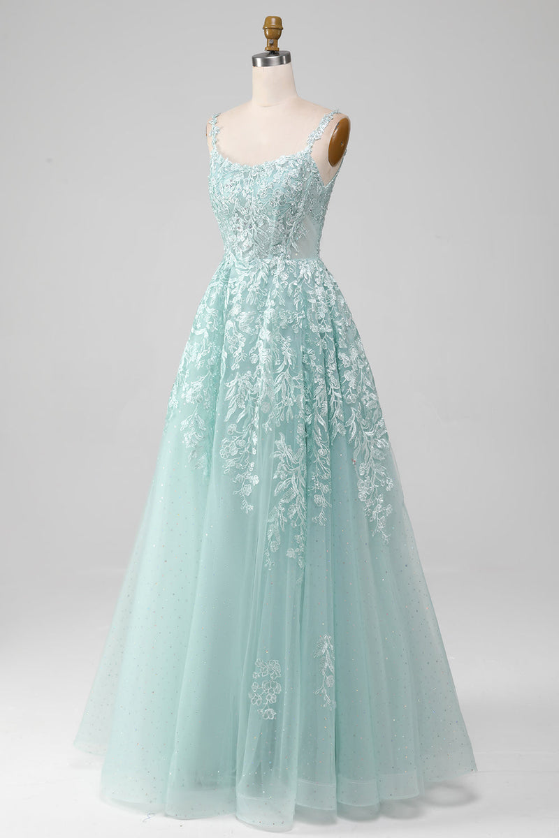 Load image into Gallery viewer, Glitter Mint A-Line Tulle Long Formal Dress with Lace