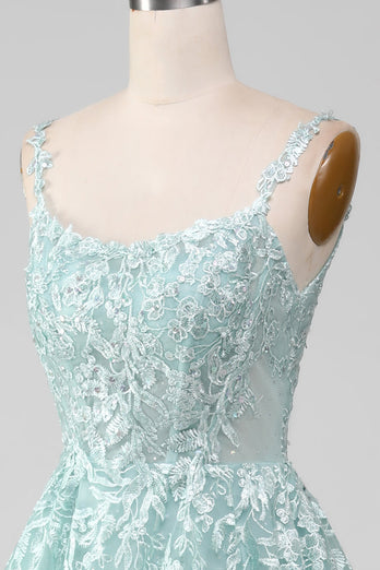 Glitter Mint A-Line Tulle Long Formal Dress with Lace