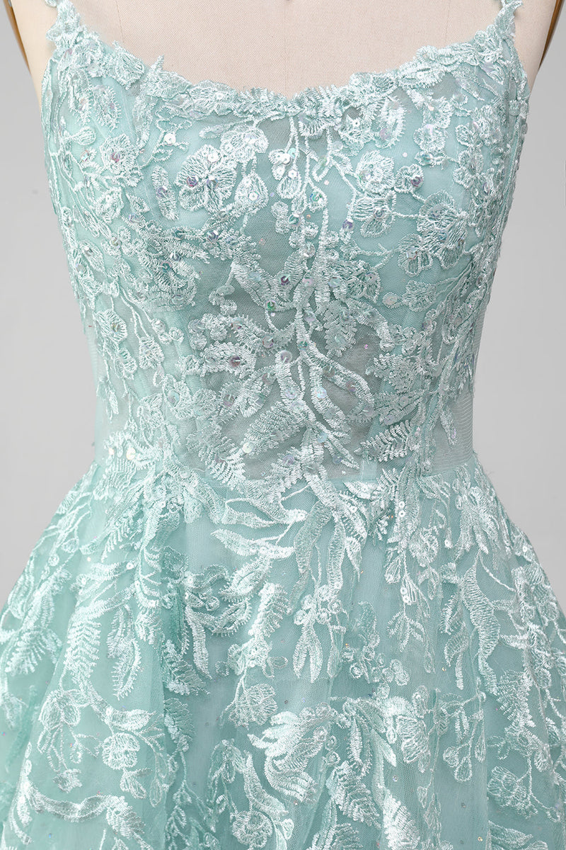 Load image into Gallery viewer, Glitter Mint A-Line Tulle Long Formal Dress with Lace