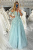 Load image into Gallery viewer, Mint A Line Tulle Off the Shoulder Long Formal Dress With Appliques