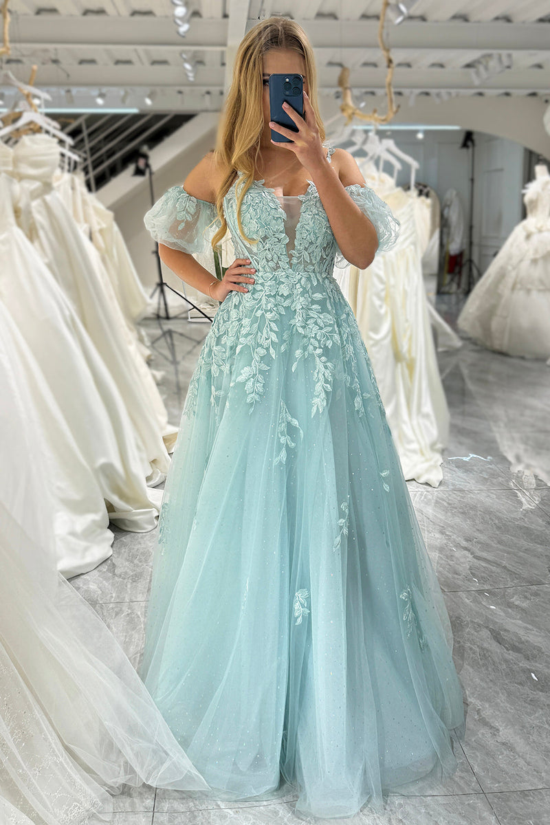 Load image into Gallery viewer, Mint A Line Tulle Off the Shoulder Long Formal Dress With Appliques