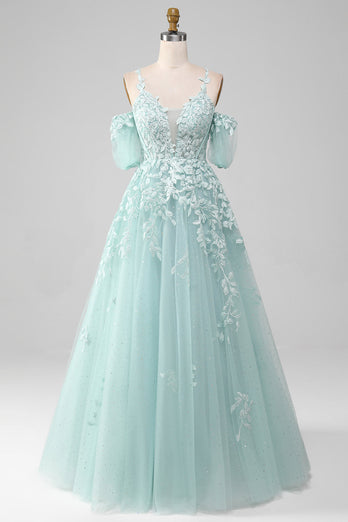 Mint A Line Tulle Off the Shoulder Long Formal Dress With Appliques