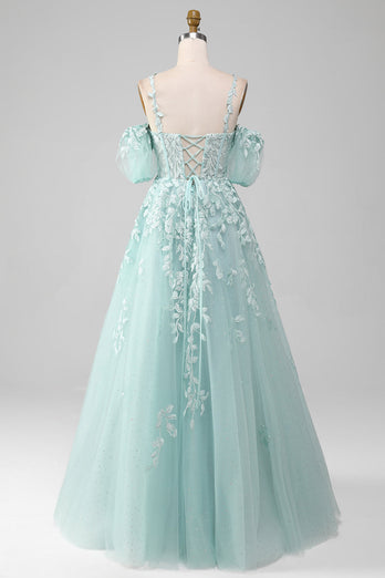 Mint A Line Tulle Off the Shoulder Long Formal Dress With Appliques