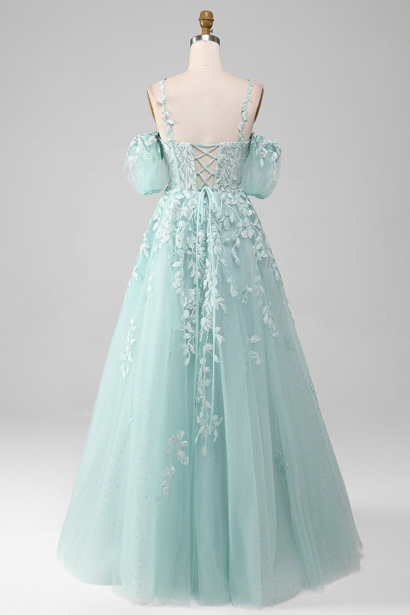 Load image into Gallery viewer, Mint A Line Tulle Off the Shoulder Long Formal Dress With Appliques