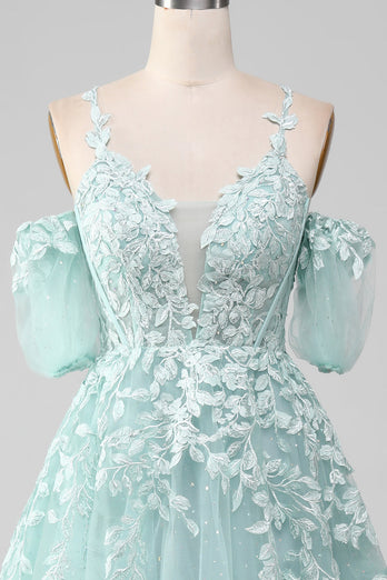 Mint Ball Gown Off The Shoulder Beaded Prom Dresses With Appliques