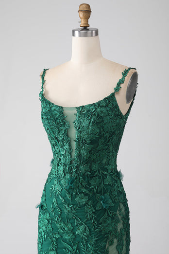 Dark Green Mermaid Spaghetti Straps Long Formal Dress with Appliques