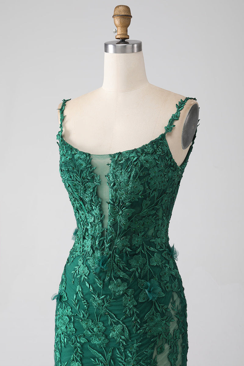 Load image into Gallery viewer, Dark Green Mermaid Spaghetti Straps Long Formal Dress with Appliques