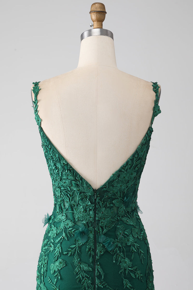 Load image into Gallery viewer, Dark Green Mermaid Spaghetti Straps Long Formal Dress with Appliques