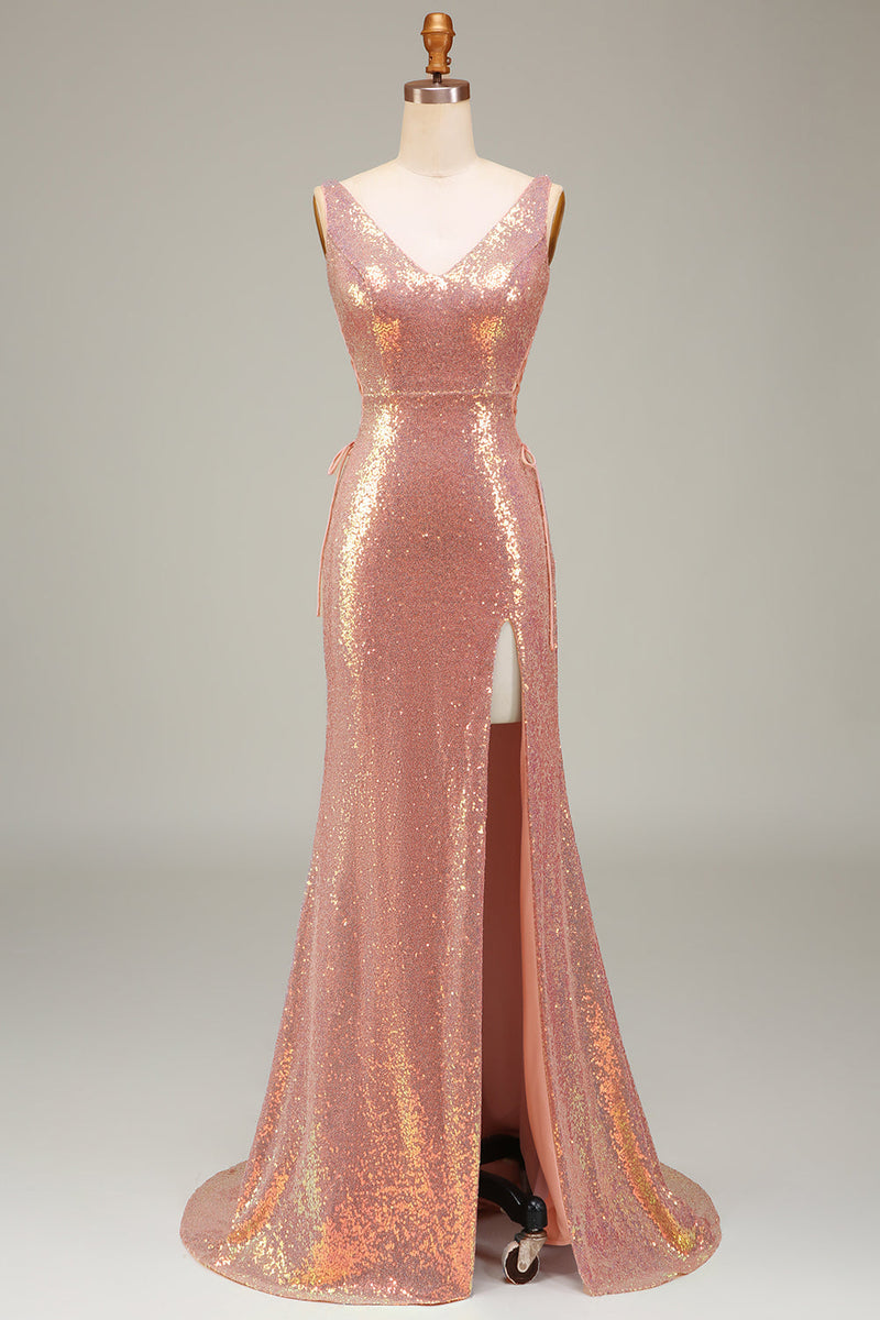 Load image into Gallery viewer, Sparkly Blush Mermaid Formal Dress with Slit