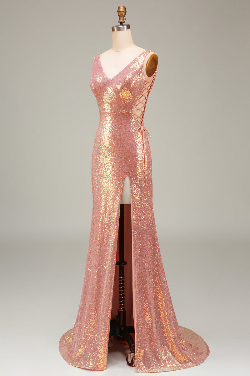 Load image into Gallery viewer, Sparkly Blush Mermaid Formal Dress with Slit