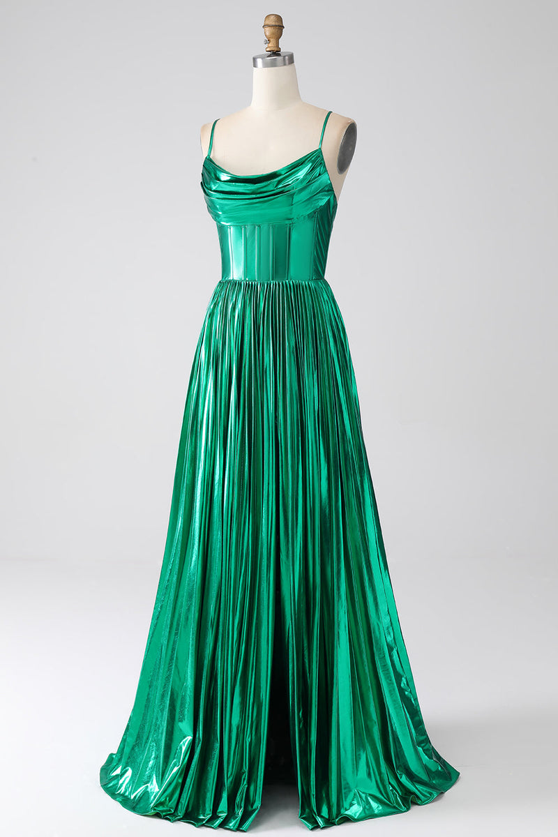 Load image into Gallery viewer, A-line Dark Green Corset Formal Dress with Slit