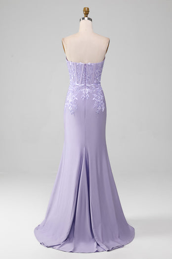 Lilac Sheath Strapless Corset Formal Dresses With Lace Appliques