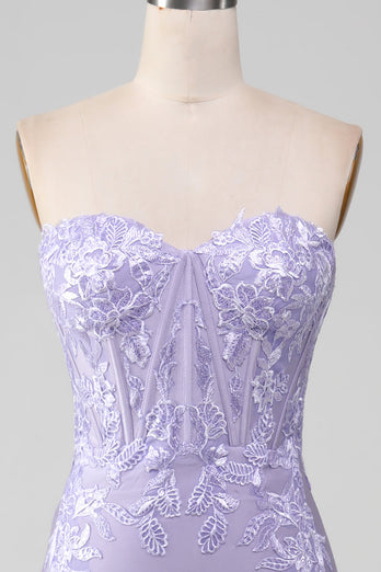 Lilac Sheath Strapless Corset Formal Dresses With Lace Appliques