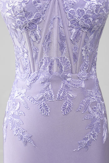 Lilac Sheath Strapless Corset Formal Dresses With Lace Appliques