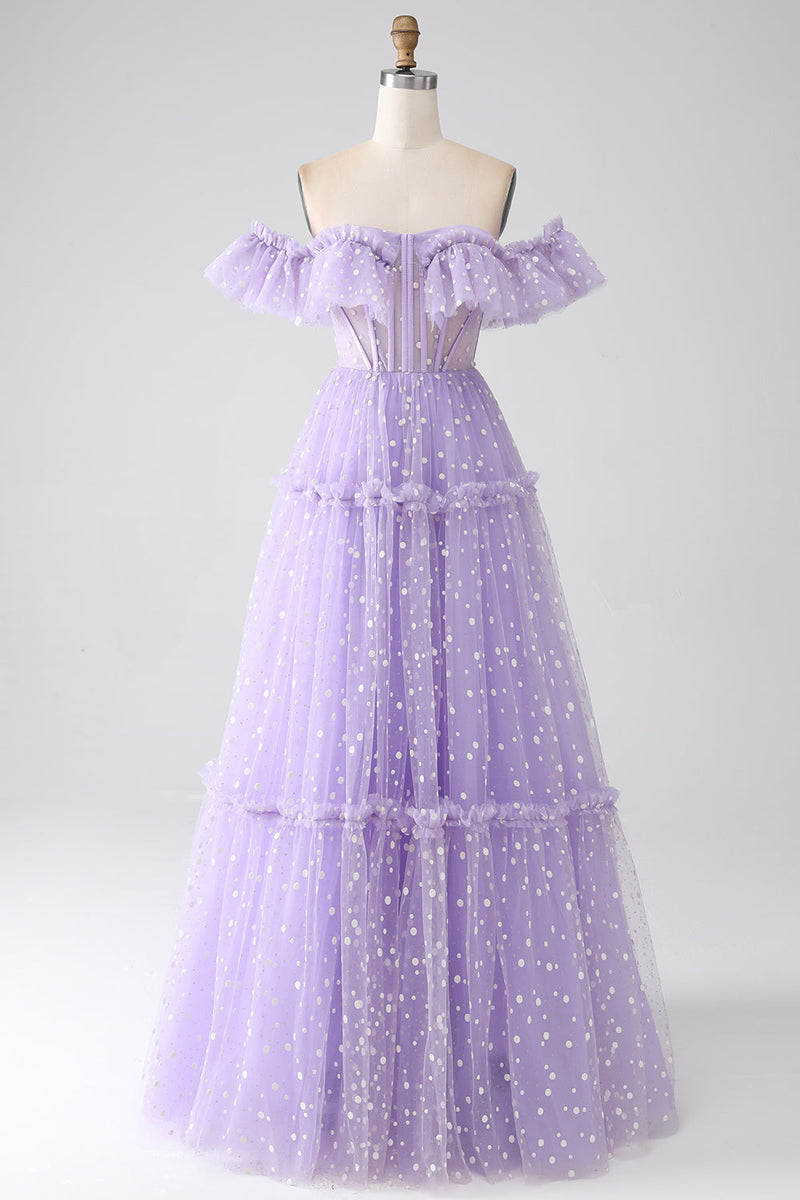 Load image into Gallery viewer, Off The Shoulder Lilac Corset Formal Dress