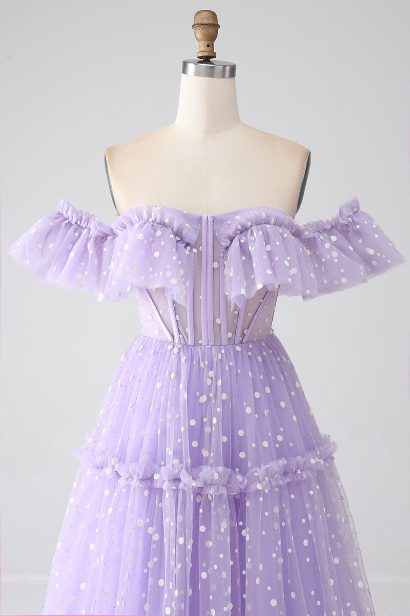 Load image into Gallery viewer, Off The Shoulder Lilac Corset Formal Dress